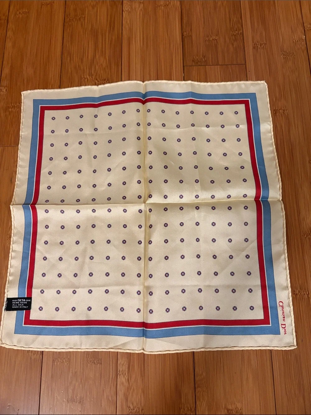 Dior Vintage Cream Silk Pocket Square with Blue and Red Border 15” X 15”